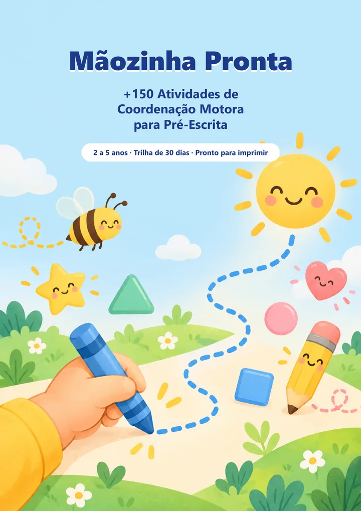 Capa do material Mãozinha Pronta: +150 Atividades de Coordenação Motora para Pré-Escrita, 2 a 5 anos
